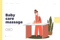 Baby care massage concept of landing page with mother massaging newborn kid on diaper table