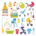 Baby care objects, newborn accessories vector illustrations set. Cute scrapbook for girl with baby elements. Infant