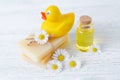 Baby care products, soap bar, massage oil and fresh chamomile flowers