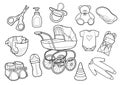 Baby care supplies. Set of vector drawings in line art style Royalty Free Stock Photo