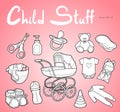 Baby care supplies. Set of vector drawings in line art style