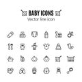 Baby care thin line icon set. Outline stroke feeding, game, bathing pictograms. Pin, car seat, highchair, baby monitor Royalty Free Stock Photo