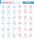 Baby care toys, kid feeding color thin line web icons set. Royalty Free Stock Photo