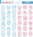Baby care toys, kid feeding concept symbols. Perfect color thin line icons. Modern linear style illustrations set. Royalty Free Stock Photo