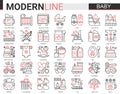 Baby care web icon vector illustration set. Red black complex thin line design of newborn infant child, baby accessories