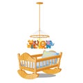 Baby carousel with hanging toys over wooden cot isolated on white background. Vector cartoon close-up illustration. Royalty Free Stock Photo