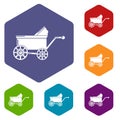 Baby carriage ancient icons vector hexahedron