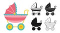 Baby carriage cartoon icon set pram stroller symbol line silhouette simple Newborn nursery accessory Royalty Free Stock Photo