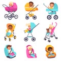 Baby carriage. Children in kids strollers, boys and girls in car seats, little multiethnic babies in perambulator or Royalty Free Stock Photo