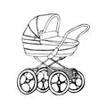 Baby carriage, hand drawn doodle gravure vintage style, sketch, outline vector Royalty Free Stock Photo