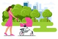 Baby carriage isolated on a white background. Kids transport. Strollers for baby boys or baby girls. Woman with baby Royalty Free Stock Photo