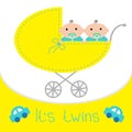 Baby carriage. Its twins boys. Shower card. Flat