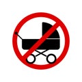 Baby carriage not allowed sign. Children stroller prohibition sign. Forbidden round sign. Vector illustration