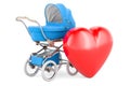 Baby carriage with red heart, 3D rendering