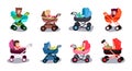 Baby Carriage and Stroller with Cute Toddlers Sitting Inside Vector Set