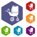 Baby carriage tricycles icons vector hexahedron