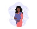 Baby carrier. Happy african american mother holding newborn in sling. Child is wrapped in babycarrier and sleeping. Vector flat