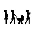 Baby carrier, pregnant woman, mother and baby carriage.