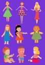 Baby cartoon dolls toy Vector character girls, boys human face and body game dress rag-doll illustration. Pretty Royalty Free Stock Photo