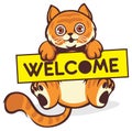 Baby cat hold a welcome sign