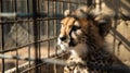 A baby cheetah is looking out of a cage Royalty Free Stock Photo