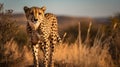 Baby cheetah stands atop lush grass in a sun-kissed natural setting, AI-generated Royalty Free Stock Photo