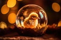 Baby chick in a glass egg bubble.. Duckling little bird abstract portrait.