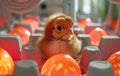 Baby chick sits in incubator surrounded by orange eggs. Royalty Free Stock Photo