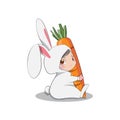 Baby child with bunny suit hugging carrot Royalty Free Stock Photo