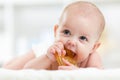 Baby child lying on belly weared diaper with Royalty Free Stock Photo