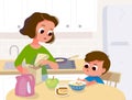 Baby child refuses to eat breakfast. Mother feeds child boy. Royalty Free Stock Photo