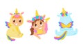 Baby Child Wearing Unicorn Costume and Smiling Vector Set