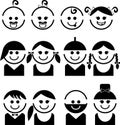 Baby and children faces, line vector icon set