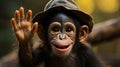 a baby chimpanzee in a fishing hat raises its arm and waves at you and laughs into the camera, generative AI