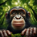 Baby chimpanzee peers into viewpoint, in unique portrait Royalty Free Stock Photo