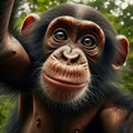 Baby chimpanzee peers into viewpoint, in unique portrait Royalty Free Stock Photo