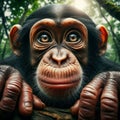 Baby chimpanzee peers into viewpoint, in unique portrait Royalty Free Stock Photo