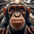 Baby chimpanzee peers into viewpoint, in unique portrait Royalty Free Stock Photo