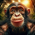 Baby chimpanzee peers into viewpoint, in unique portrait Royalty Free Stock Photo