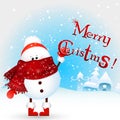 baby Christmas Snowman holds text Merry Christmas ! Christmas Greeting Card. cartoon illustration. Royalty Free Stock Photo