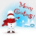 Baby Christmas Snowman and text Merry Christmas ! Christmas Greeting Card. cartoon illustration. snowman Royalty Free Stock Photo