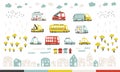 Baby city cars set with cute houses and trees. Funny transport. Cartoon vector illustration in simple childish hand Royalty Free Stock Photo