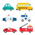 Baby city cars set. Funny transport. Cartoon vector illustration in simple childish flat style for kids. The fire engine