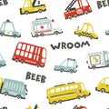 Baby city cars. Vector seamless pattern with cute funny transport. Cartoon illustrations in simple childish hand-drawn Royalty Free Stock Photo