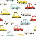 Baby city cars. Vector seamless pattern with cute funny transport. Cartoon illustrations in simple childish hand-drawn