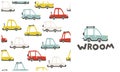 Baby city cars. Vector seamless pattern with cute funny transport. Cartoon illustrations in simple childish hand-drawn