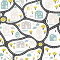 Baby City map with roads and buildings. Vector seamless pattern. Cartoon illustration in childish hand-drawn scandinavian style. Royalty Free Stock Photo