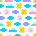 Baby cloth Cute pattern. funny sun and cloud and car cartoon style background. kids character texture. Childrens style Royalty Free Stock Photo