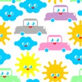 Baby cloth Cute pattern. funny sun and cloud and car cartoon style background. kids character texture. Childrens style Royalty Free Stock Photo