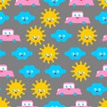 Baby cloth Cute pattern. funny sun and cloud and car cartoon style background. kids character texture. Childrens style Royalty Free Stock Photo